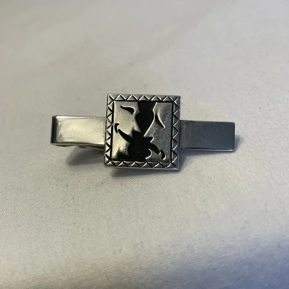 Vintage Swank Tie Tack Pin Cuff Links Silver Tone Black Accent Bullet Backing